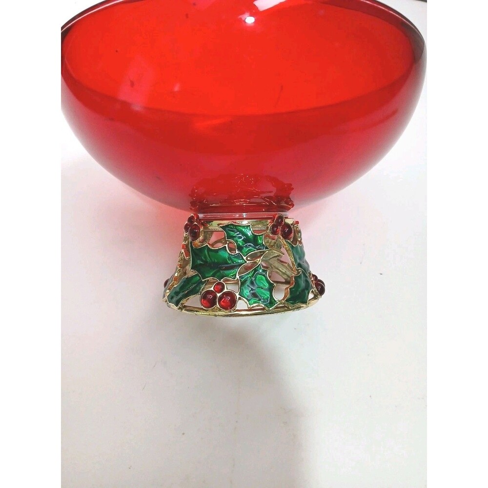 Teleflora Christmas Centerpiece Bowl Vase Red Glass Enameled Holly Berry Holiday